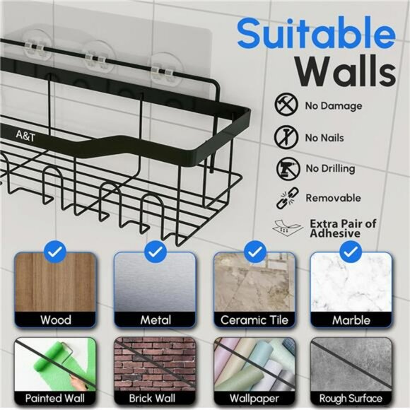 Adhesive Shower Caddy Set Rustproof Stainless Steel Wall Mounted Bathroom Organi - Picture 6 of 8